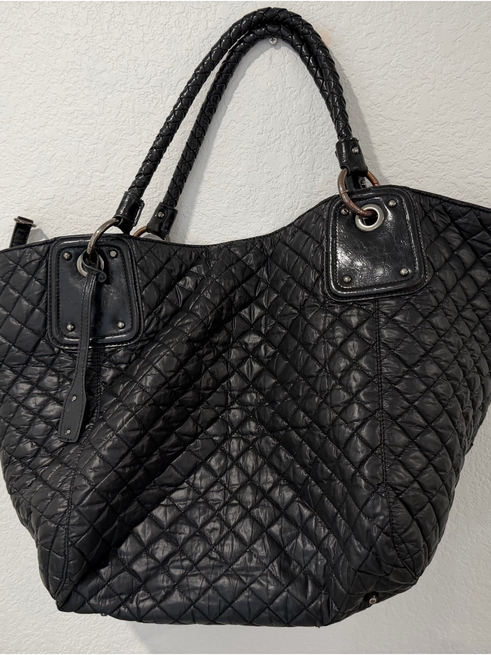 Abro Extra Large Hobo Black Quilted Shoulder Bag Made In Romania 24”X14”